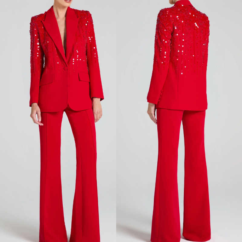 Women'S Formal Dinner Wear - Shiny Sequins Women Suits V-Neck Peaked