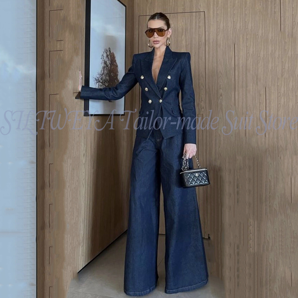 Women Formal Wear Korean - Women Pant Suits Blue Denim 2