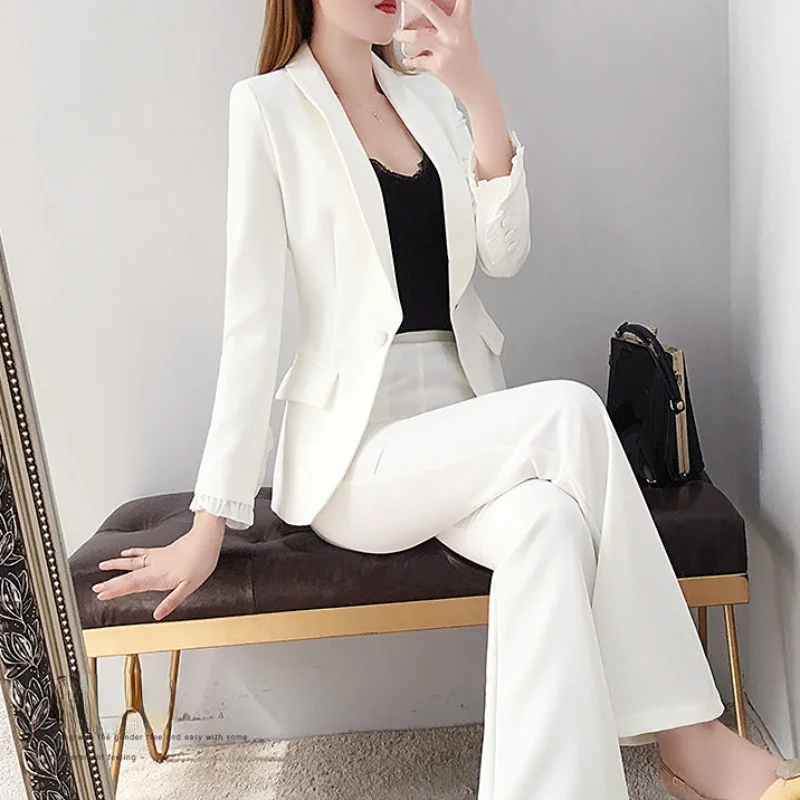 Blazer and White Trouser Suit  - مراجعة Women Formal Wear Korean وسعره
