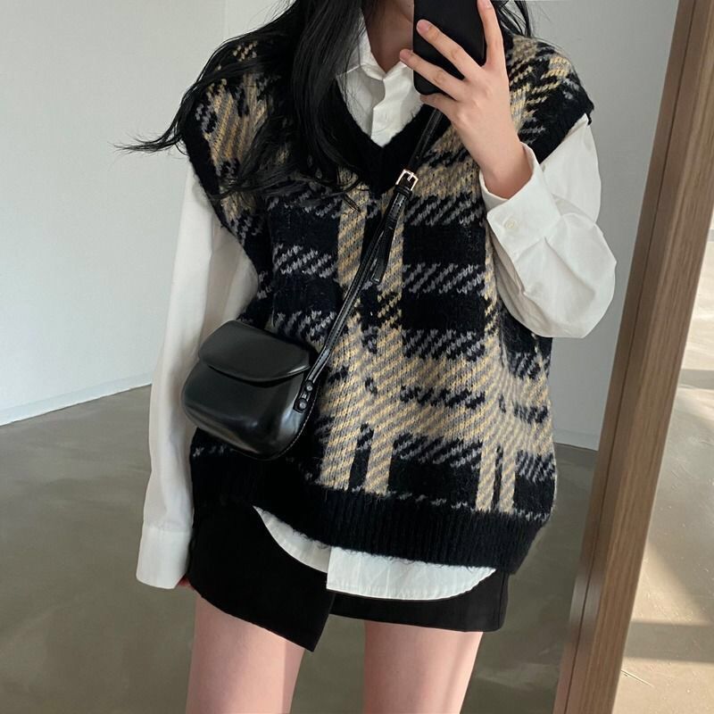 Plaid Lady Sweaters Tops 2025  - مراجعة Women Formal Wear Korean وسعره