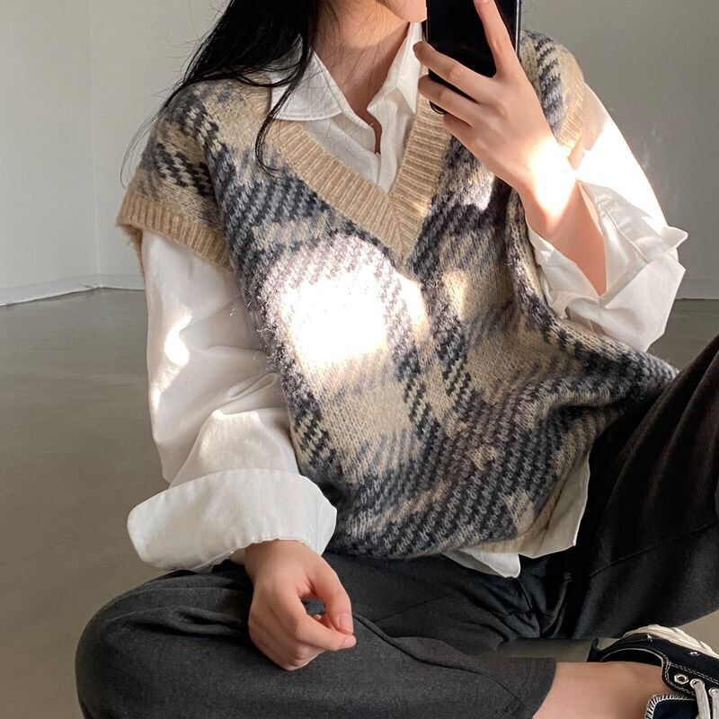 Plaid Lady Sweaters Tops 2025  - مراجعة Women Formal Wear Korean وسعره