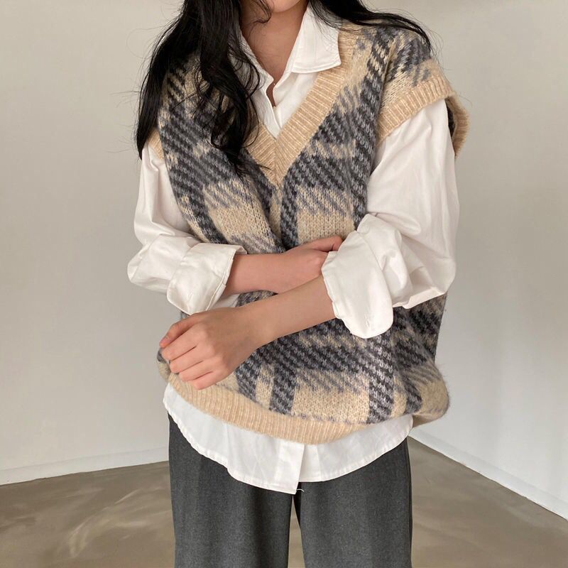 Plaid Lady Sweaters Tops 2025  - مراجعة Women Formal Wear Korean وسعره